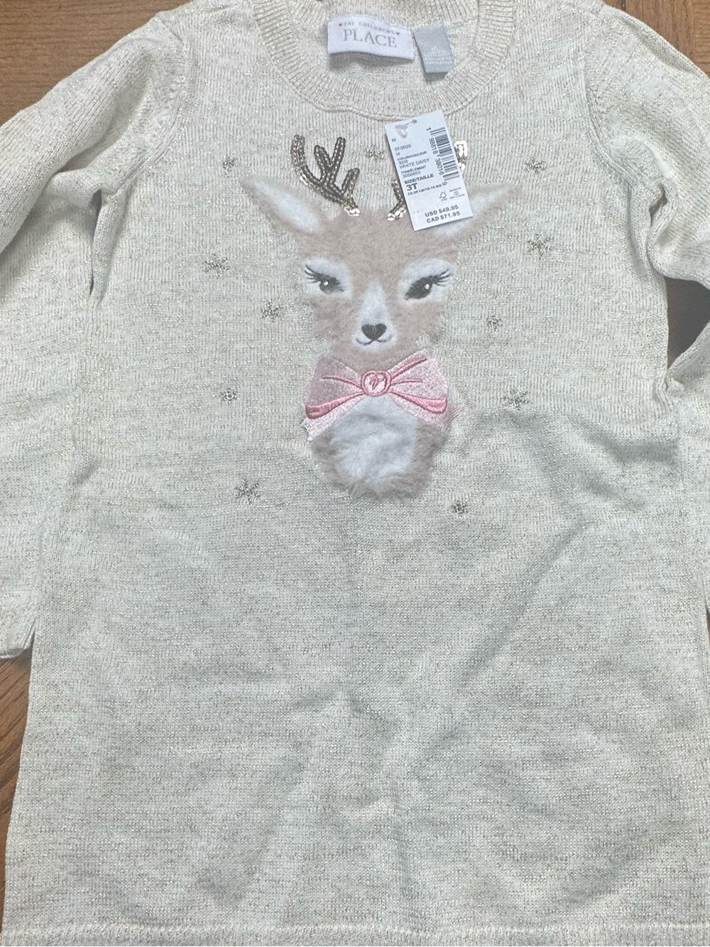 The Children's Place Cream Knit Dress with Pink Bow Reindeer Silver Snowflakes